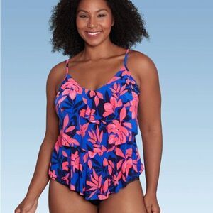 Aqua Green Women's UPF 50 Tiered Tankini Top Multi Floral NWT 1X